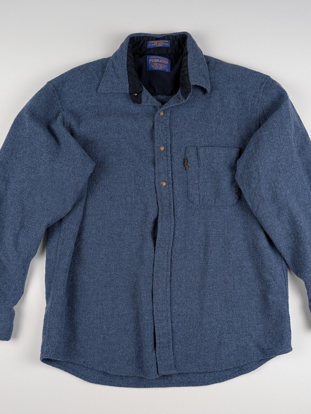 Vintage Pendleton L Blue Virgin Wool Flannel Suede Patches Cabincore Granola - Picture 10 of 10